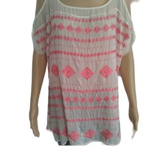 Language Shirt Cold Shoulder Design Sheer Pink White Womens Size Large